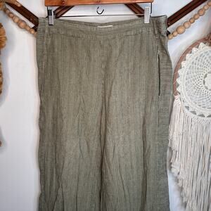 Anthropologie Green Linen Blend Stripe Wide Leg Crop Pants